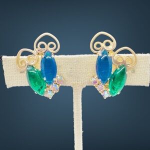 Vintage Juliana Style Green & Blue AB Stone Heart Accent Clip On Earrings